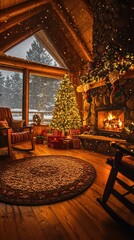 A Christmas tree and piles of gifts fill the image