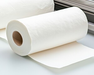 Fototapeta premium A roll of white paper towels sits on a surface, with part of the sheet unfurled, showcasing its soft texture and absorbent quality.