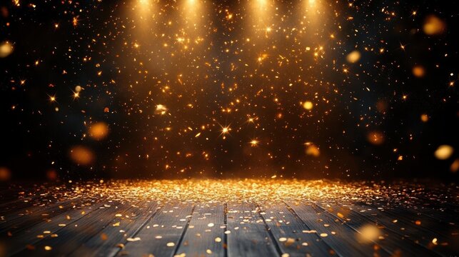 gold confetti celebration on festive stage under dramatic spotlight for awards, parties, and events