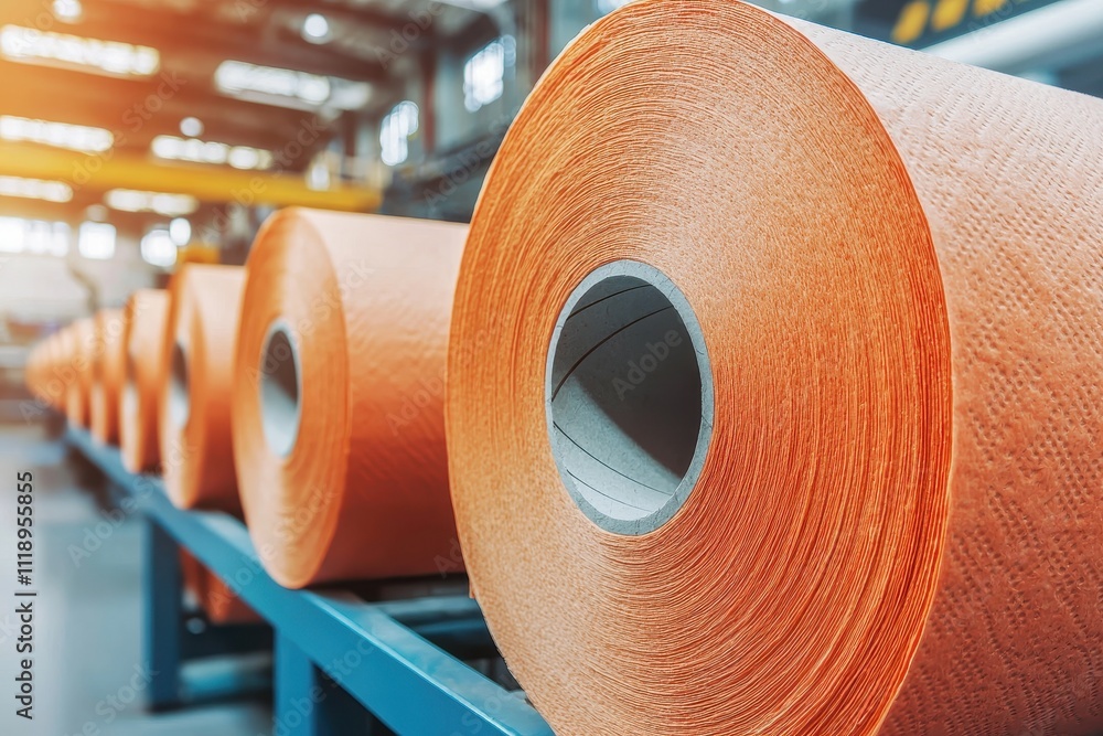Poster a close-up view of large orange rolls of material stacked in a factory setting, showcasing textile p