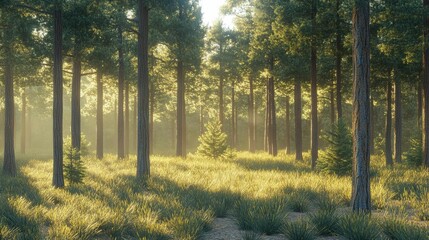 Obraz premium Serene forest scene with sunlight filtering through tall trees.