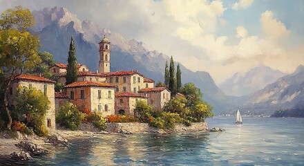 An oil painting of Italian buildings, capturing a picturesque and artistic scene
