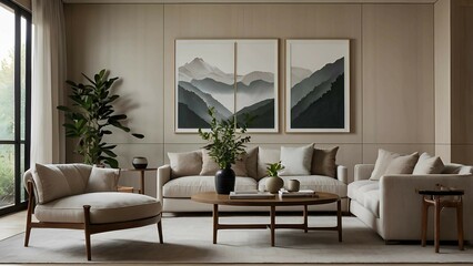 Minimalist Living Room with Beige Sofa and Mountain Artwork