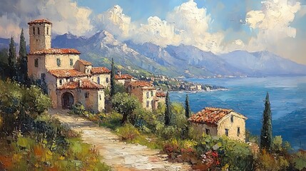 Obraz premium An oil painting of Italian buildings, capturing a picturesque and artistic scene