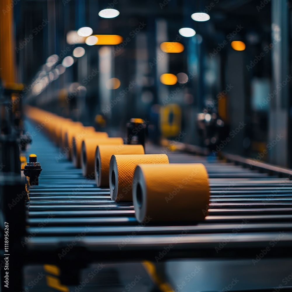Poster a production line displaying yellow rolls moving along a conveyor in a factory setting, illuminated 