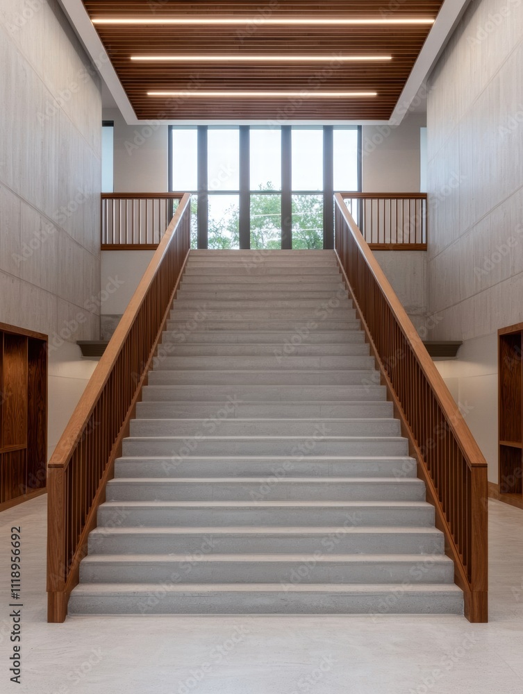 Poster a modern staircase featuring wooden railings and large windows, creating a bright and inviting atmos