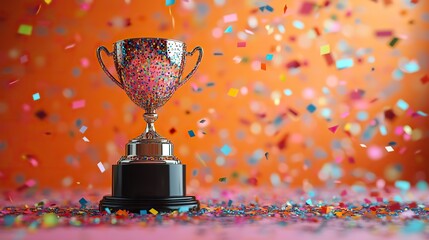 An orange background with colorful confetti and lines forms an abstract spiral pattern, with the silhouette of an award recognizing employee achievements