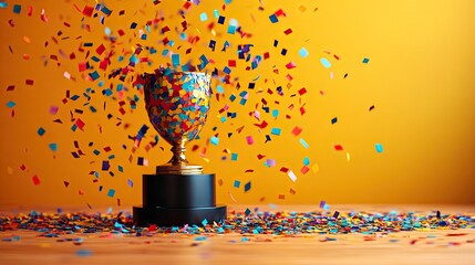 An orange background with colorful confetti and lines forms an abstract spiral pattern, with the silhouette of an award recognizing employee achievements