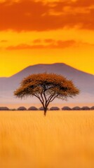 Fototapeta premium A solitary tree stands against a vibrant sunset backdrop, with golden grasslands and distant mountains creating a serene landscape.