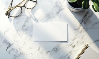 A minimalist workspace featuring a blank card on a marble surface.