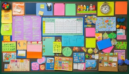 A colorful bulletin board filled with notes, schedules, and educational materials.