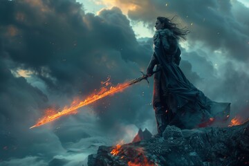 A warrior standing boldly with a flaming sword against a dramatic, stormy sky backdrop.
