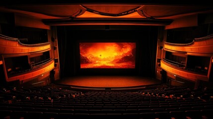 A dimly lit theater showcasing a vibrant, fiery scene on the large screen.