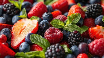 Obraz premium A vibrant assortment of fresh berries and mint leaves.