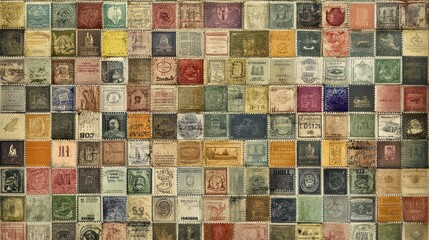 A nostalgic pattern of vintage postage stamps in muted tones, arranged in a repeating grid.