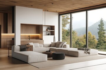 Minimalist Scandinavian Living Room with Natural Light and Wooden Ceiling