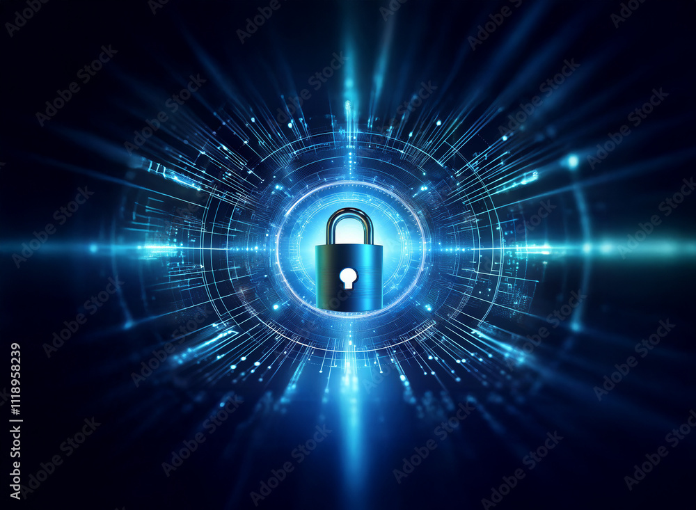 Poster a digital padlock secured within a glowing blue circular technological interface, symbolizing cybers