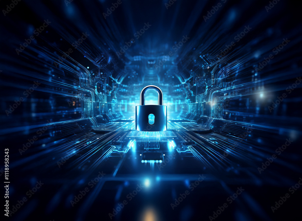 Poster a glowing blue padlock sits at the center of a digital circuit board, symbolizing cybersecurity and 
