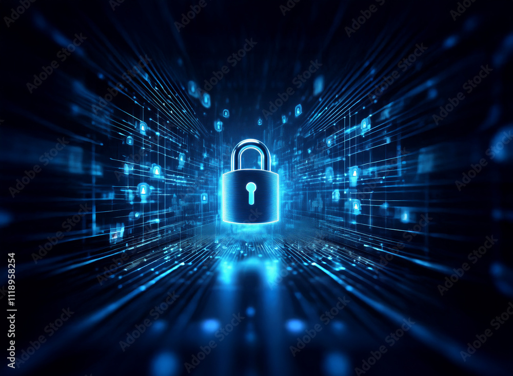 Aufkleber glowing blue padlock at the center of a digital tunnel, representing cybersecurity and data protecti