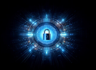A glowing blue padlock at the center of a digital circular interface, radiating energy and representing cybersecurity and data protection.