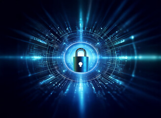 A digital padlock secured within a glowing blue circular technological interface, symbolizing cybersecurity and data protection.  The image evokes a sense of safety and secure digital environment.