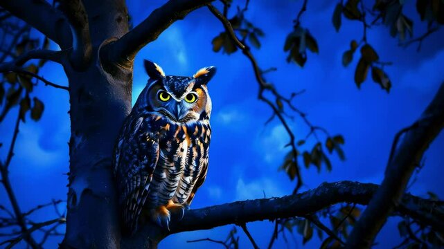 Owl Perched in a Tree at Night