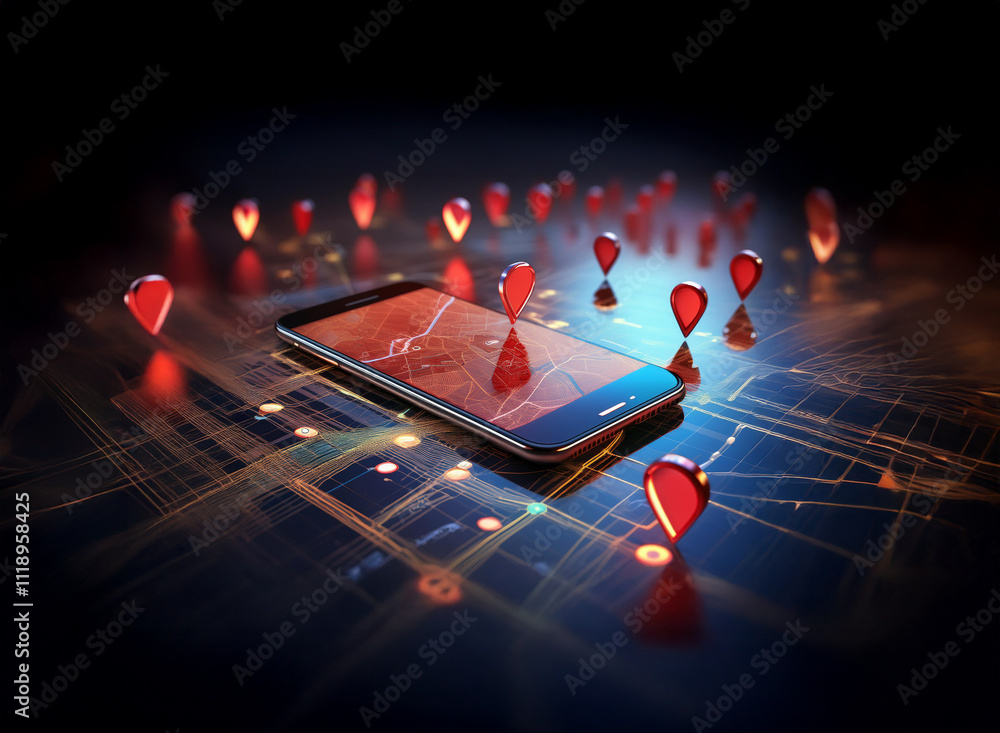 Poster a smartphone displays a map interface, surrounded by numerous red location markers, suggesting navig