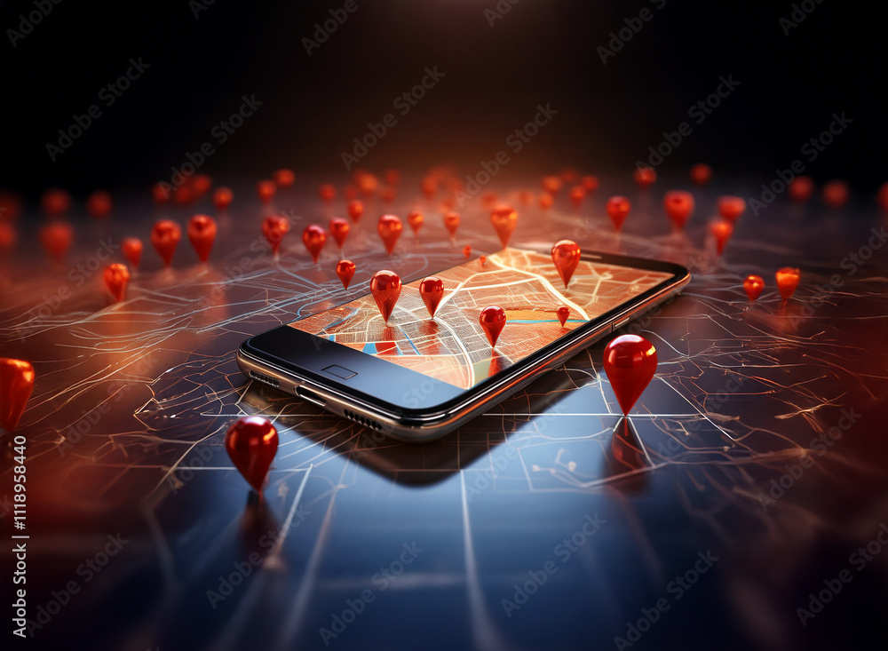 Poster a smartphone displays a map interface with numerous red location markers, both on the screen and sca