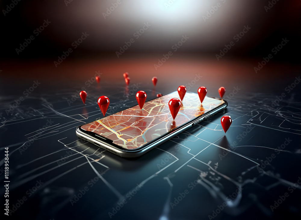 Poster a smartphone displays a map with multiple red location markers, suggesting navigation or tracking. t