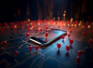 A smartphone rests on a map, surrounded by numerous red location pins, depicting a network of global connectivity and digital mapping.  The scene is dark and moody, with glowing city lights in the bac