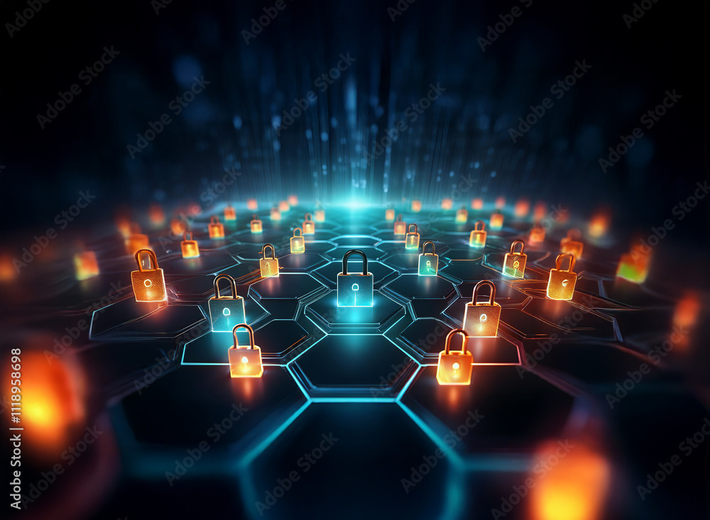 Aufkleber abstract digital illustration of a network security system. glowing padlock icons on a hexagonal gri