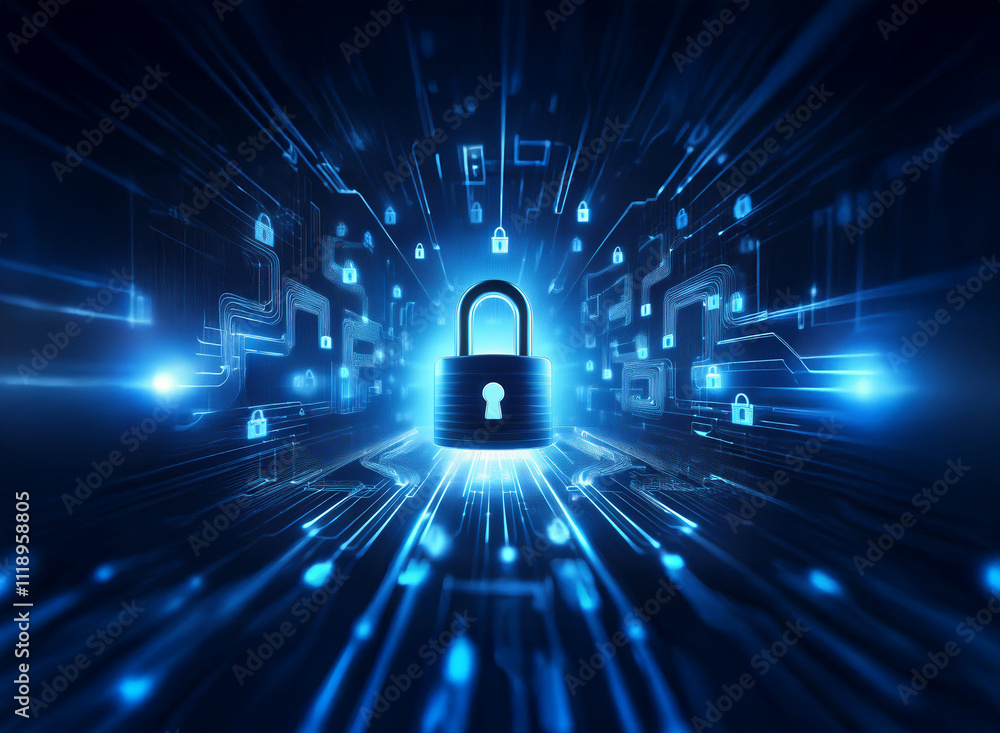Aufkleber a digital padlock glows at the center of a vibrant, abstract network of data streams and security ic