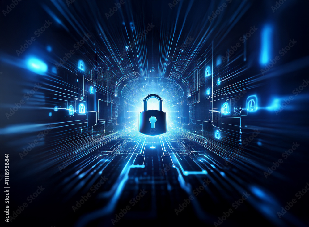 Poster a glowing padlock sits at the center of a digital tunnel, surrounded by radiating lines and security