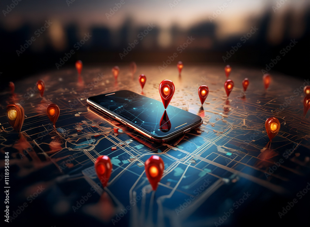Poster a smartphone rests on a digital map, surrounded by glowing red location markers, illustrating global