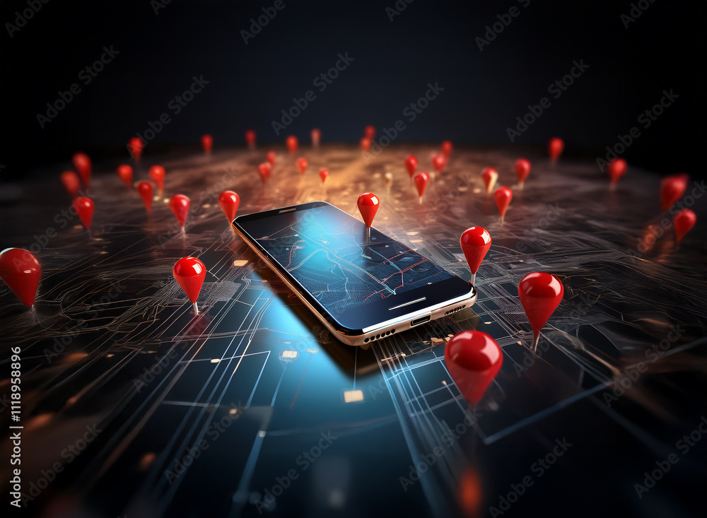 Poster a smartphone rests on a digital map, surrounded by numerous red location markers, illustrating globa