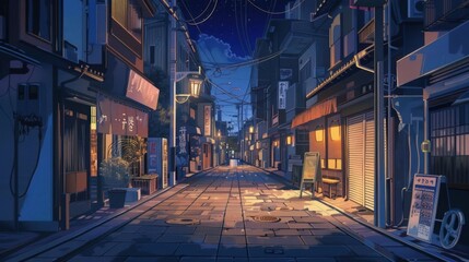 A quiet, illuminated street scene at night in a traditional setting.