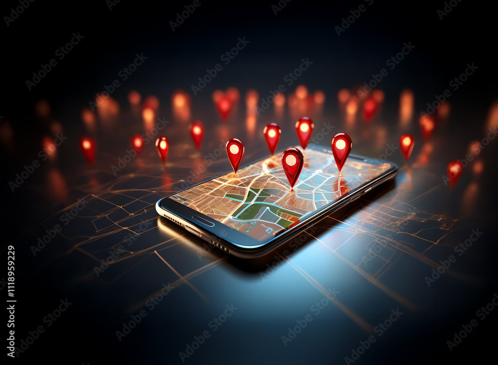 Poster a smartphone displays a map with numerous red location markers, illustrating global connectivity and