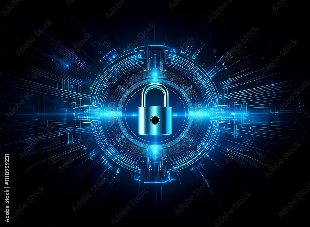 Poster a glowing blue padlock sits at the center of a circular, technological interface. surrounding it are