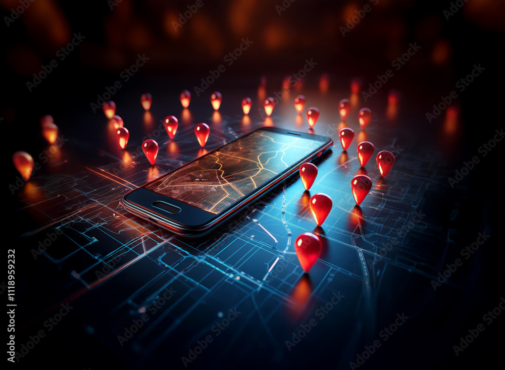 Poster a smartphone displays a map surrounded by numerous red location markers, illustrating gps navigation