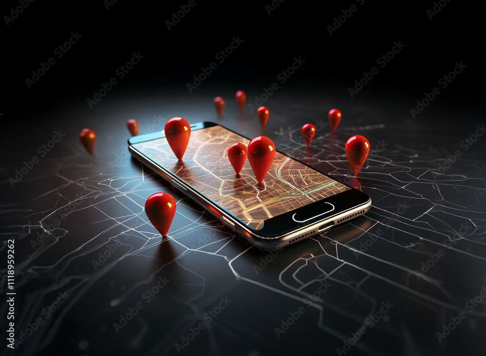 Poster a smartphone displays a city map with numerous red location markers, illustrating gps navigation and