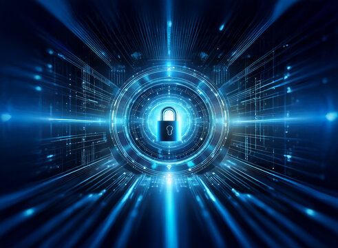 Abstract digital art depicting a glowing blue padlock at the center of a circular, technological interface.  Lines of light radiate outwards, suggesting speed and security.