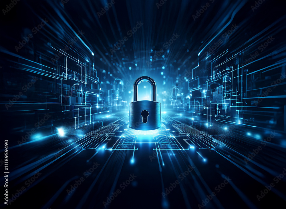 Poster a glowing padlock sits at the center of a digital circuit board, symbolizing online security and dat