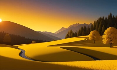 Obraz premium Beautiful and Peaceful Nature Scenery Illustration Landscape Countryside Tranquil Vibrant and Colorful