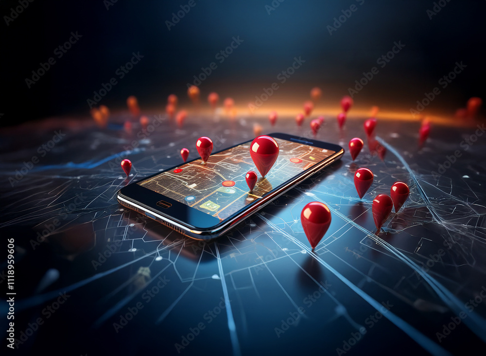 Poster smartphone displaying a map interface with numerous location markers, illustrating global connectivi