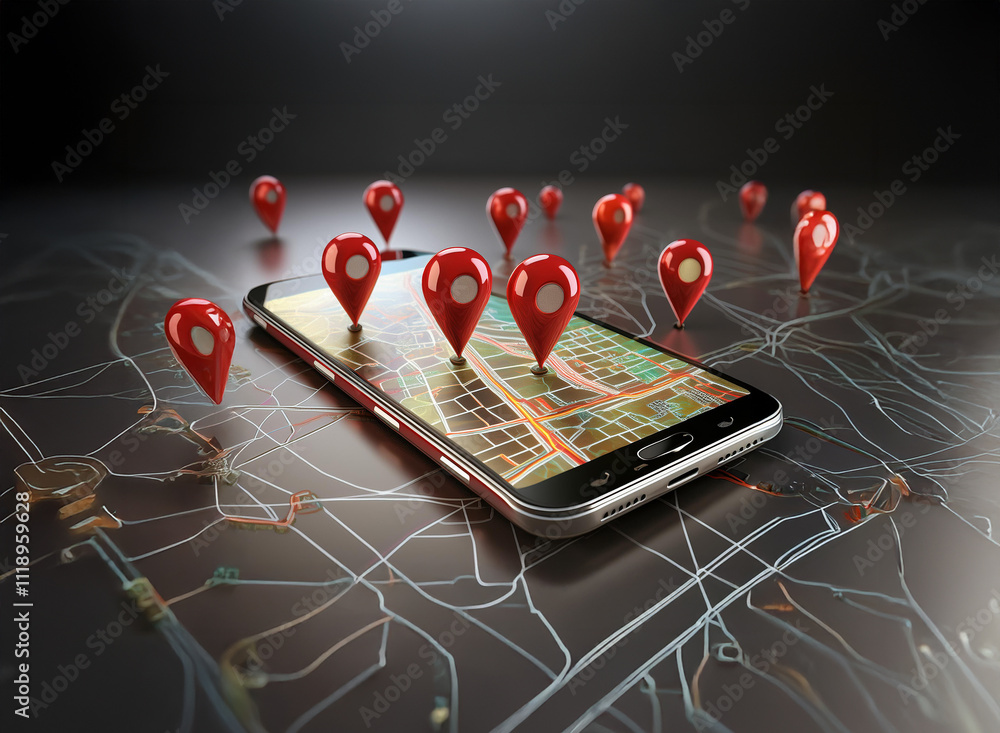 Poster a smartphone displays a city map with numerous red location markers scattered around it, illustratin
