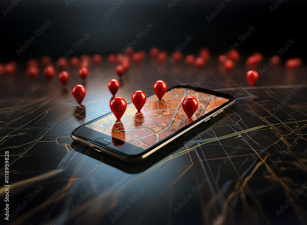 Poster a smartphone displays a map with numerous red location markers, symbolizing global connectivity and 
