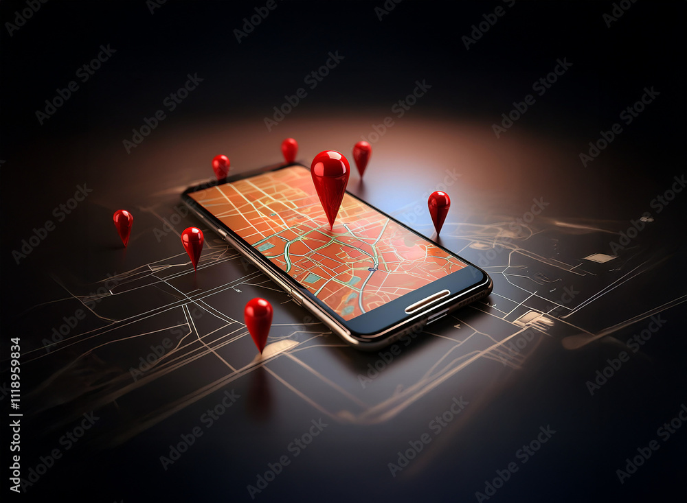 Poster a smartphone displays a map with multiple red location pins, illustrating gps navigation and multipl