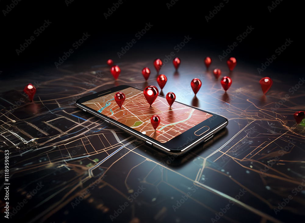 Poster a smartphone displaying a digital map is surrounded by numerous red location pins, illustrating the 