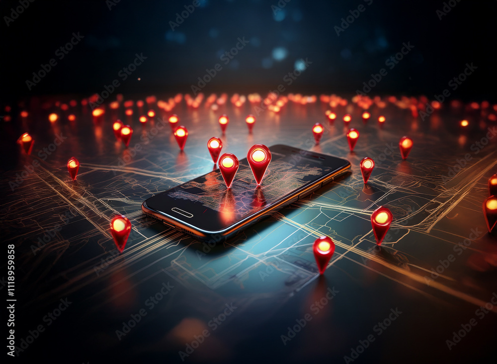 Poster a smartphone displaying a world map is surrounded by numerous glowing red location markers, symboliz