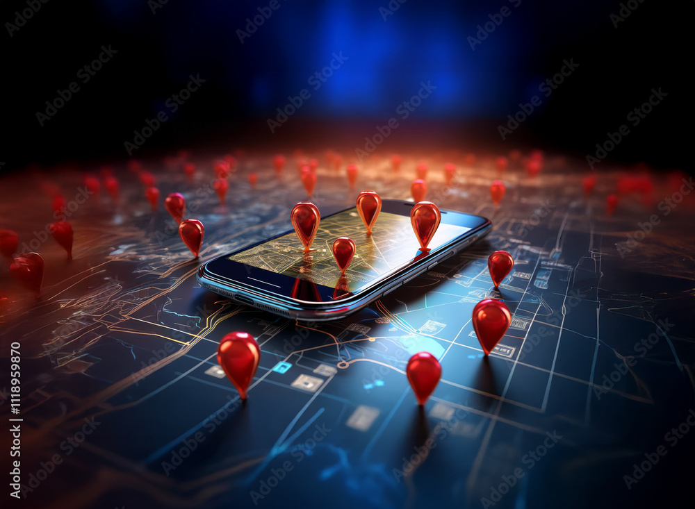 Poster a smartphone displaying a map is surrounded by numerous red location pins, illustrating gps tracking